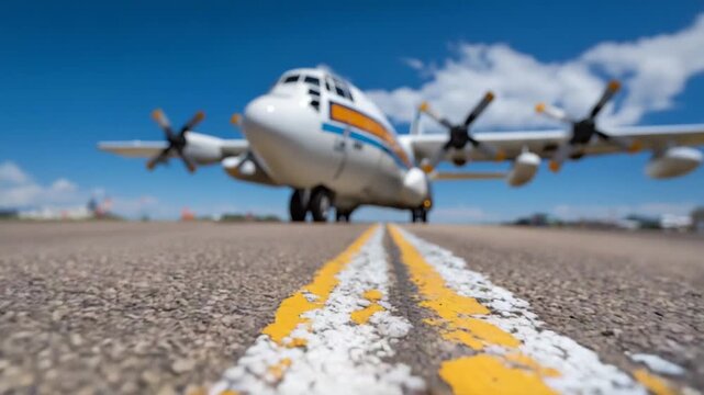 Centerline stripe with scuffed paint and heavy rubber marks, perspective emphasizing depth, military cargo plane small but prominent in distance