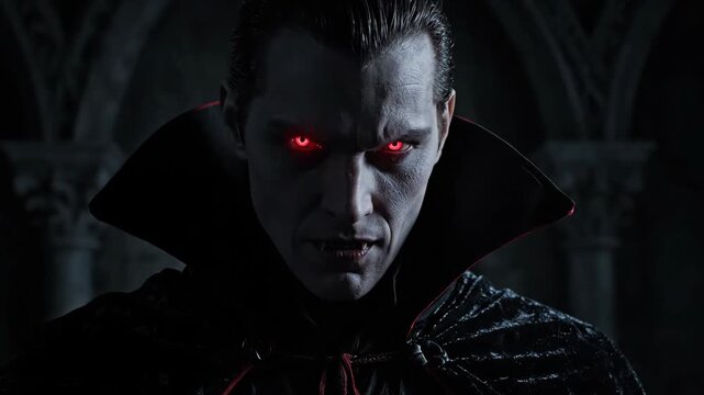 Mysterious vampire with glowing red eyes in dark setting