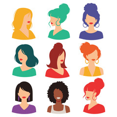 A collection of diverse female avatars representing various hairstyles and skin tones with unique fashion choices.