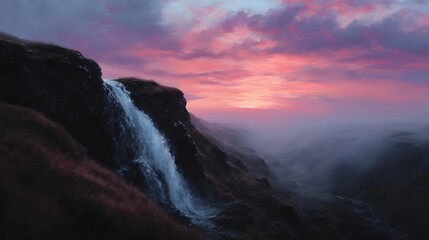 Obraz premium A dramatic waterfall cascades down a rugged cliff face under a vibrant pink and purple sunrise sky with a misty valley stretching into the distance