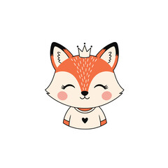 A cute cartoon fox wearing a crown and a shirt with a heart.