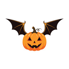 A spooky carved pumpkin with bat wings ready for Halloween night festivities.