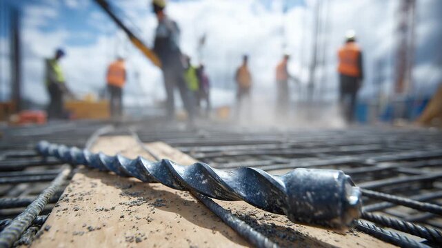 Close-up of dusty drill handle and shiny bit, lying across metal grating, hazy construction site atmosphere in the background with silhouettes of workers