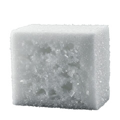 Pristine block of white snow in dramatic macro photography, intricate crystalline layers and airy texture, gleaming edges on transparent background with soft shadow. Concept of frozen purity