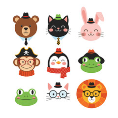 Cute cartoon animal faces wearing hats and glasses for children's designs.
