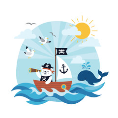 A cute pirate cat on a boat with a spyglass exploring the ocean sea.