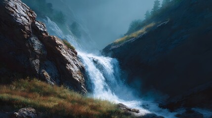 A majestic waterfall cascades down a rugged moss covered cliff face amidst a misty mountain landscape