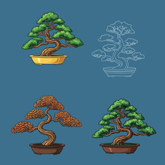 Detailed pixel art illustrations of four distinct bonsai trees showing seasonal changes and artistic styles.