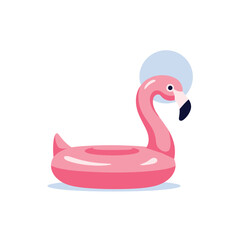 A pink inflatable flamingo float rests serenely on the water under a soft blue sky.