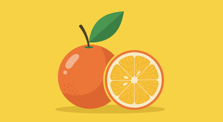 A vibrant whole orange with a leaf sits beside a juicy half orange on a bright yellow background.
