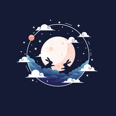 Two rabbits silhouetted against a luminous full moon surrounded by clouds and stars in a circular frame.