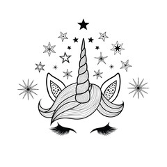 A whimsical hand drawn unicorn face with stars and sparkles. This magical creature is a symbol of purity and innocence.