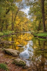 Autumn scene reflective water winds through trees, stone shore. Vivid gold leaves