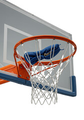 Extreme macro close-up of a basketball backboard system: clear acrylic, rugged orange rim, white vibrating net, blue padded base with indentation, hard light on gray. Concept of engineered sports