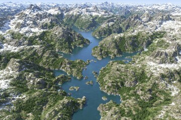 Aerial view of a mountain range with snowy peaks and a winding river