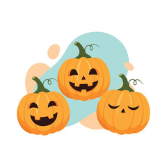 Three carved pumpkins with smiling faces on a white background with light blue and orange splashes.
