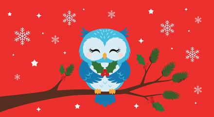 Fototapeta premium A cute blue owl sits peacefully on a snowy branch holding mistletoe.