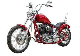 Isolated cherry-red motorcycle, a custom chopper style, close-up studio shot on plain backdrop