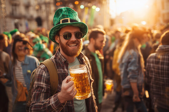 A man wearing a green hat and sunglasses is holding a glass of beer