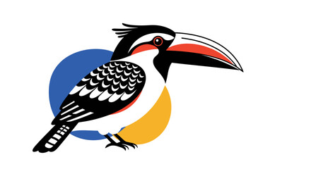 Obraz premium An artistic rendering of a toucan with a large colorful beak standing in front of a white background with two abstract circular shapes one blue and one yellow.