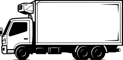 a black and white drawing of a refrigerated truck, vector illustration, minimalist