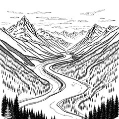 Fototapeta premium A black and white hand-drawn panoramic landscape sketch depicting a winding river through a forested mountain valley with jagged peaks and distant ranges under a cloudy sky.