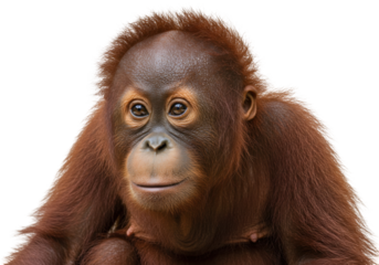 Isolated Orangutan baby posing, cute animal from Indonesia, Malaysia tropical rainforests
