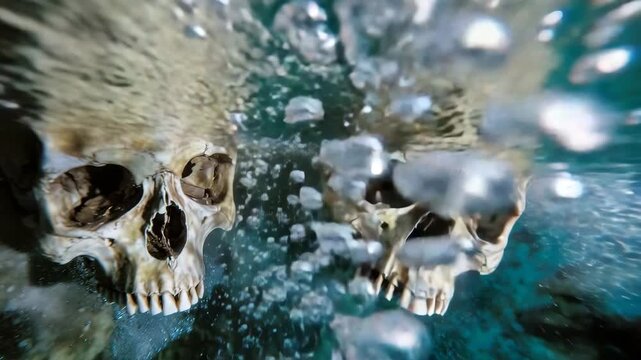 Two ancient skulls side by side, submerged in turquoise water, shafts of sunlight illuminating bone surfaces, bubbles creating dynamic underwater motion