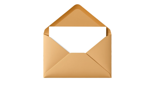 Open brown kraft paper envelope with blank white card inside on transparency background, simple and clean design