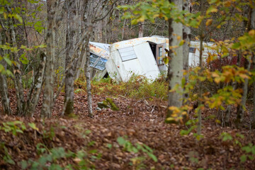 Abandoned white camper in fall forest, overgrown, leaves, rural decay
