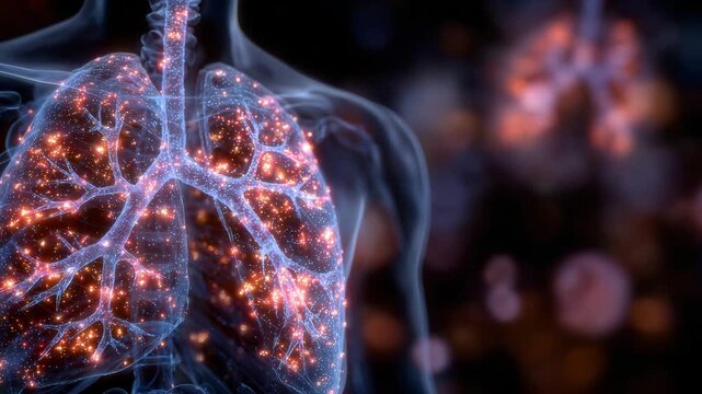 Visual medical concept of toxic smoke inhalation, alveoli and bronchi swollen, particulate matter deposits glowing subtly, inflammation highlighted in red-orange gradient