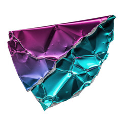 Extreme macro of crumpled, ripped iridescent metallic material, amethyst to cyan gradient, sharp creases, light reflections on transparent studio background. Concept of abstract visual complexity