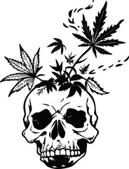 Grotesque skull with cannabis leaves emerging symbolizing life death and nature