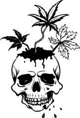 Grotesque skull with cannabis plants growing from head dark tattoo art