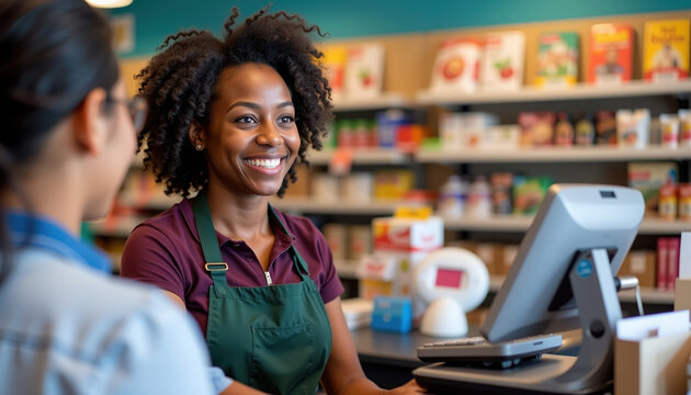 Smiling female cashier wearing green apron assisting customer checkout counter grocery store with colorful products shelves