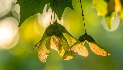 Close-up of green, winged seeds hanging from tree branches with sunlight