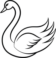 elegant swan with flowing feathers line art illustration on transparent background