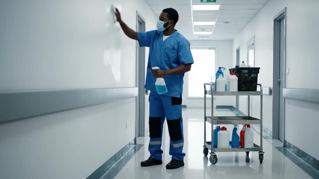 Male healthcare worker wearing a mask cleaning a hospital wall with spray bottle