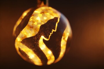 Abstract Christmas bauble with light pattern silhouette of infant Jesus in gold and ivory tones