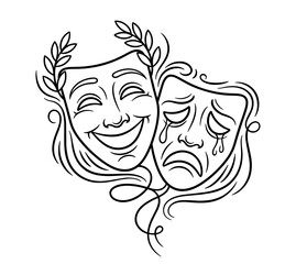 comedy and tragedy masks line art black white