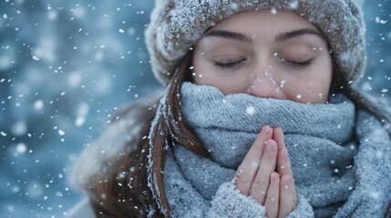 Winter portrait of woman with closed eyes in snow wearing warm scarf and hat