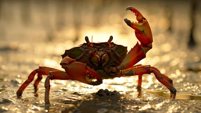 Golden Hour Dance A Male Fiddler Crab's Waving Courtship Display in a Mangrove
