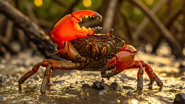 Golden Hour Dance A Male Fiddler Crab's Waving Courtship Display in a Mangrove

