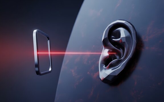 An abstract visualization of digital eavesdropping represented by a thin, glowing red line physically connecting a stylized phone icon to a distant, shadowed geometric ear.