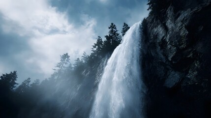 Majestic waterfall plunges down a rugged dark cliff face beneath a dramatic cloudy sky enveloped in mist