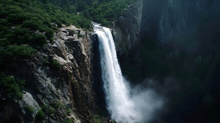 A powerful waterfall cascades down a towering rocky cliff enveloped by lush green trees and mist