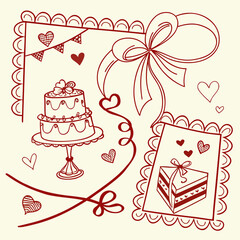 Whimsical hand drawn celebration elements cake gift bow banner hearts decorative pattern background
