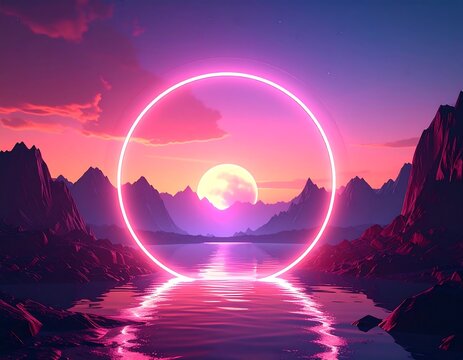 Glowing neon circle on water at sunset with mountains