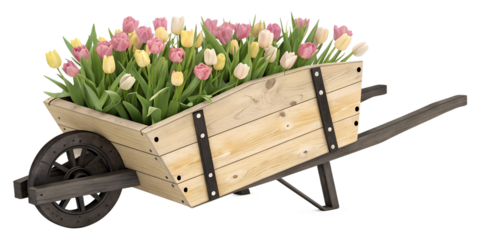 Wooden Wheelbarrow Planter with Pink and Yellow Tulips Transparent