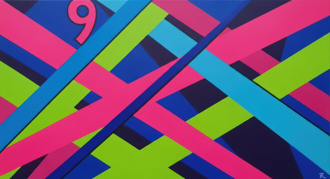 Abstract Geometric Composition with Intersecting Colorful Stripes and the Number 9, Creating a Dynamic and Modern Visual, Suitable for Graphic Designs